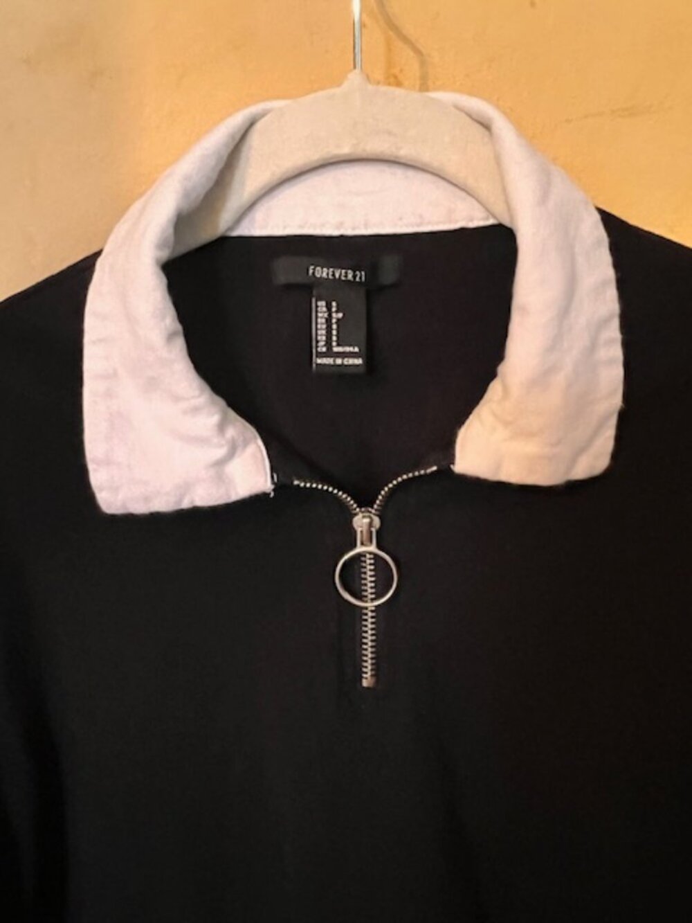 Tricolor Long Sleeved Shirt Black, Mustard, White Silver Neckline Round Zipper - Picture 2 of 7